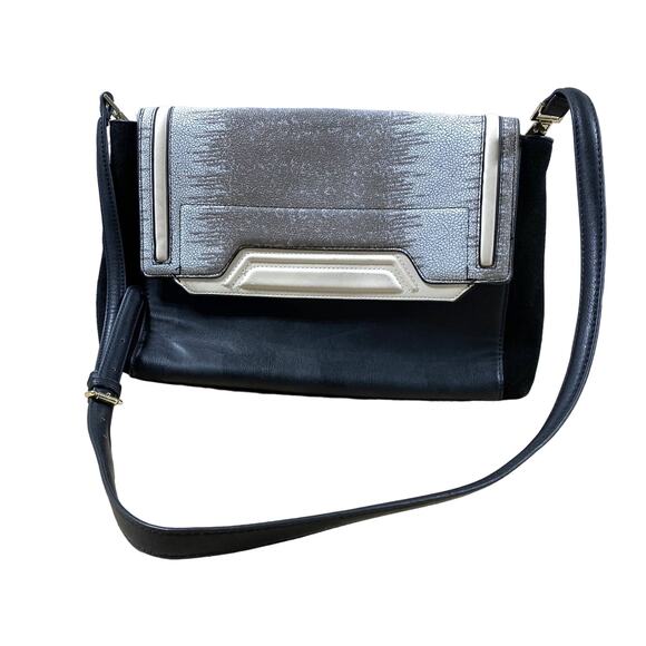 Zara Basics Black Shoulder Bag with Fold Over Flap Gray and Taupe NEW - Picture 1 of 8